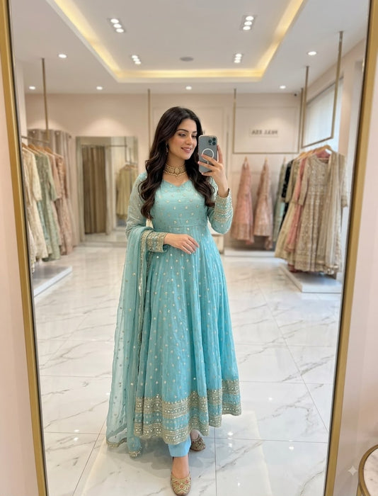 Pure Fendy Silk With Embroidery 5mm Sequences Work With Sleeves Salwar Kameez