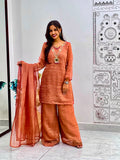 NEW VIRAL PARTY WEAR & FESTIVAL LOOK HEAVY PURE SALSA CRUSH FANCY TOP-PLAZZO WITH PRETTY DEPATTA SET