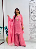 NEW VIRAL PARTY WEAR & FESTIVAL LOOK HEAVY PURE SALSA CRUSH FANCY TOP-PLAZZO WITH PRETTY DEPATTA SET