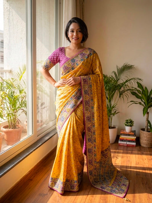 Soft Chinnon with beautiful print with Gold Zari and Ribbon work and real mirror & diamond hand work Saree