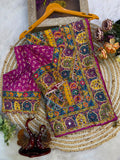 Soft Chinnon with beautiful print with Gold Zari and Ribbon work and real mirror & diamond hand work Saree