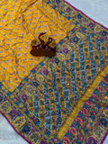 Soft Chinnon with beautiful print with Gold Zari and Ribbon work and real mirror & diamond hand work Saree