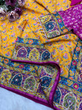 Soft Chinnon with beautiful print with Gold Zari and Ribbon work and real mirror & diamond hand work Saree