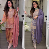 New Designer Ronald Silk With Heavy Embroidery Sequence Work Top-Bottom And Dupatta Set