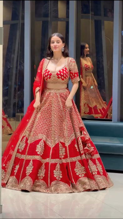 Premium Kesariya Satin Lehenga Embellished With Beautiful Sequins Work And Dori Work