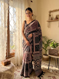 Soft Satin Crep with Beautiful Ajarakh print with Real mirror work and Latkan Saree