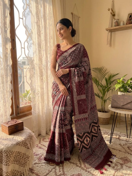 Soft Satin Crep with Beautiful Ajarakh print with Real mirror work and Latkan Saree