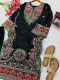 Biscuit slub with Intricate Thread with sequence work with attach lace Salwar Kameez