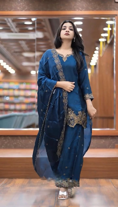 New Ready-made GMY SILK And Heavy Embroidery Sequence Work Top-Bottom And Dupatta Set