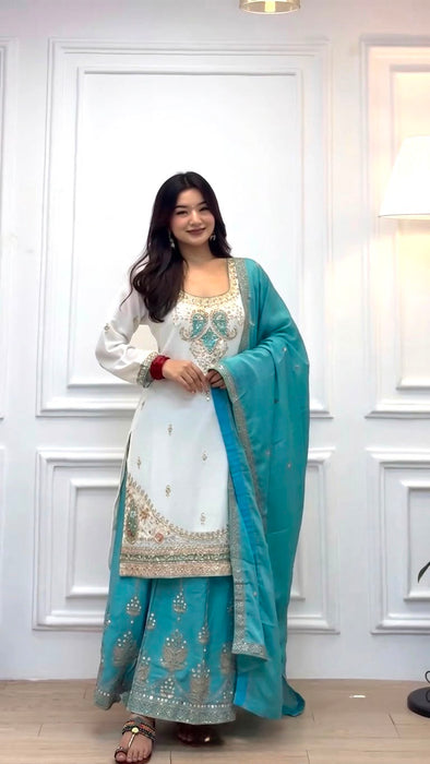 New Designer Party Wear Look Pure Chinon Silk Top Plazzo & Dupatta Set