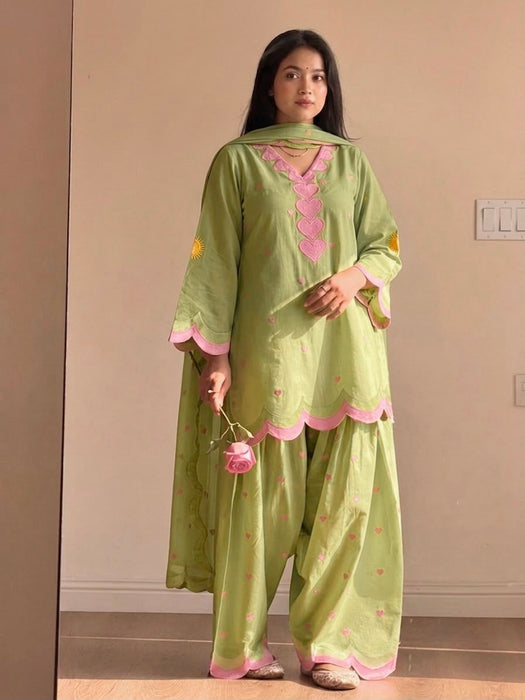 New Designer Mul Chanderi Cotton Top Farshi salwar & Dupatta Set