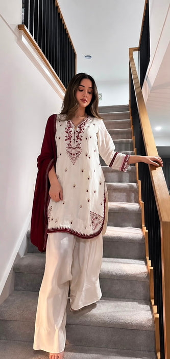 NEW FANCY 3 PIECE FANCY TOP WITH FARSHI SALWAR AND BEAUTIFUL DUPATTA SET