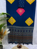 Soft Satin Crep with Beautiful Ajarakh print with Real mirror work and Latkan Saree