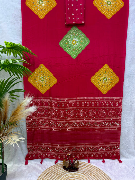 Soft Satin Crep with Beautiful Ajarakh print with Real mirror work and Latkan Saree