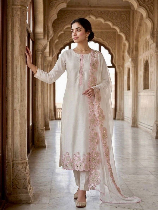 HEAVY ROMAN GLASS SILK BEAUTIFUL EMBROIDERY SEQUENCE WORK WITH CUT WORK SALWAR KAMEEZ