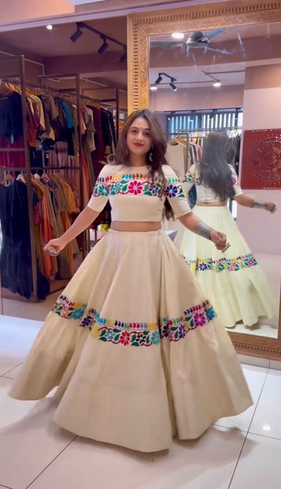 Pure Kora Cotton With Embroidery Gamthi Work With Riyal Mirror Hand Work Lehenga Choli