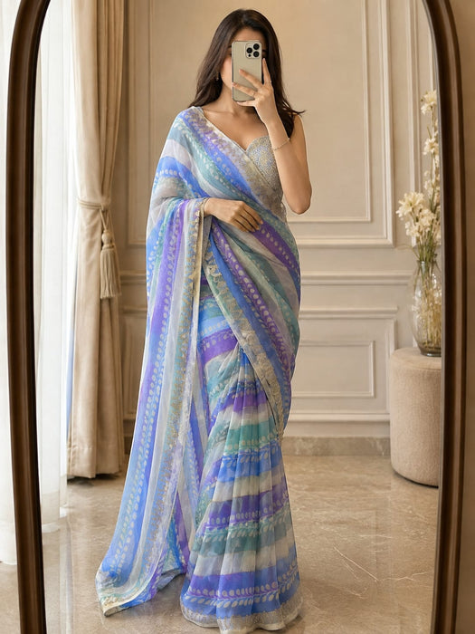 Premium Fendy Satin Silk Embellished With Beautiful Print And With Beautiful Sarowski Diamond Mirror Work Saree