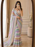 Premium Fendy Satin Silk Embellished With Beautiful Print And With Beautiful Sarowski Diamond Mirror Work Saree