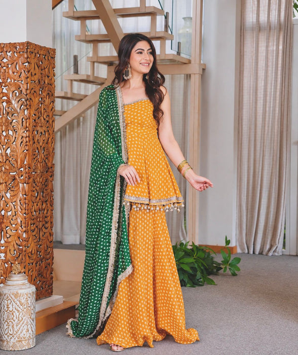 NEW FANCY BANDHEJ PRINT AND KEDIYA- PLAZZO WITH PRETTY DEPATTA SET