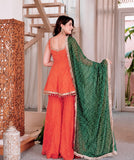 NEW FANCY BANDHEJ PRINT AND KEDIYA- PLAZZO WITH PRETTY DEPATTA SET