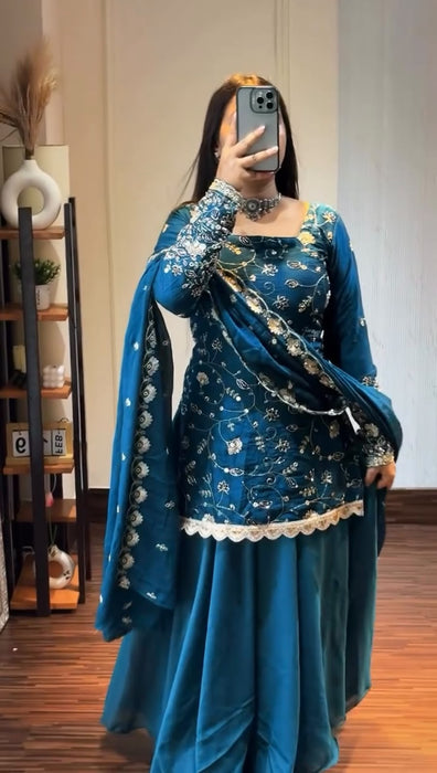 New Premium Quality With Embroidery Sequence Worked Top-Plazzo And Dupatta Set