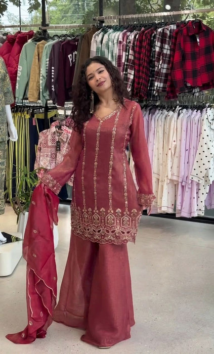 DESIGNER WEAR BEADS AND SEQUENCE EMBROIDERED TOP PLAZZO AND DUPATTA SET