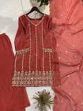 DESIGNER WEAR BEADS AND SEQUENCE EMBROIDERED TOP PLAZZO AND DUPATTA SET