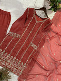 DESIGNER WEAR BEADS AND SEQUENCE EMBROIDERED TOP PLAZZO AND DUPATTA SET