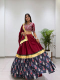 NAVARATRI SPECIAL DESIGNER PRINTED RAYON LAHENGA CHOLI WITH REAL MIRROR WORK