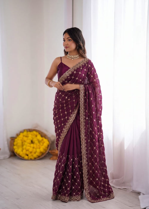 Fendy Silk with Heavy Beds Work  With Sequence Detailing Beautiful Saree