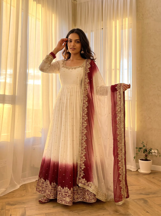 New Party Wear Look Pur Heavy Dual Tone Peding Star Georgette Gown Dupatta & Bottom Set