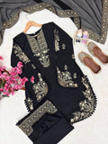 Beautiful French Crap with Zari Embroidery Work & With Pompom Lace Border Salwar Kameez
