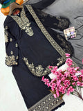 Beautiful French Crap with Zari Embroidery Work & With Pompom Lace Border Salwar Kameez