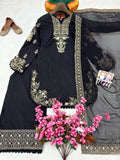 Beautiful French Crap with Zari Embroidery Work & With Pompom Lace Border Salwar Kameez