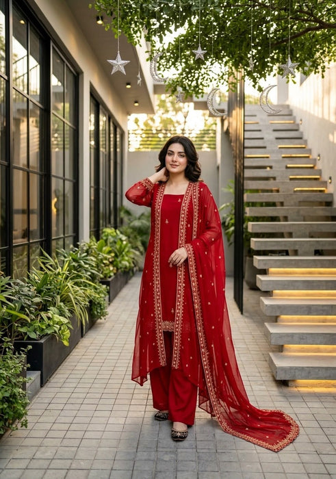 NEW DESIGNER HEAVY FUAX GEORGETTE SHARG TOP DUPATTA SET
