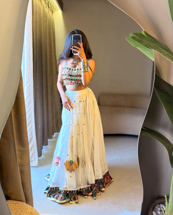 Rayon silk with Soft Net with Embroidery Sequins Work With Mirror Lehenga Layer