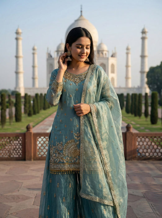 New Pure Fendy Silk With Heavy Embroidery Sequence Work Top-Bottom And Dupatta Set