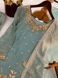 New Pure Fendy Silk With Heavy Embroidery Sequence Work Top-Bottom And Dupatta Set