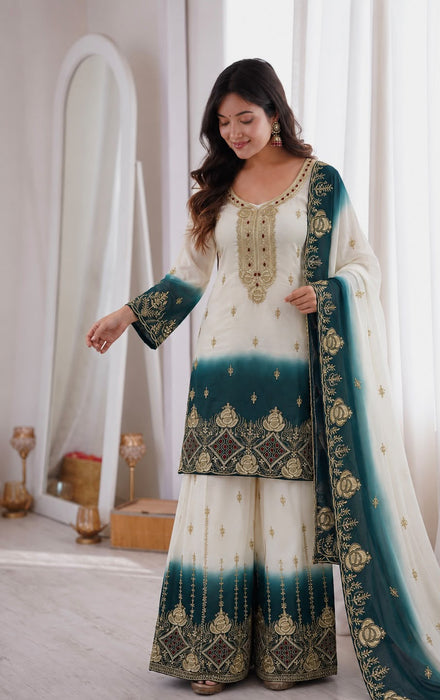NEW ELEGANT DESIGN PURE DUAL TONE PENDING STAR GEORGETTE IN BEAUTIFUL TOP-PALZZO WITH DUPATTA SET