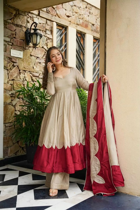 New Party Wear Look Pure Roman Silk Anarkali Gown Dupatta & Plazzo Set
