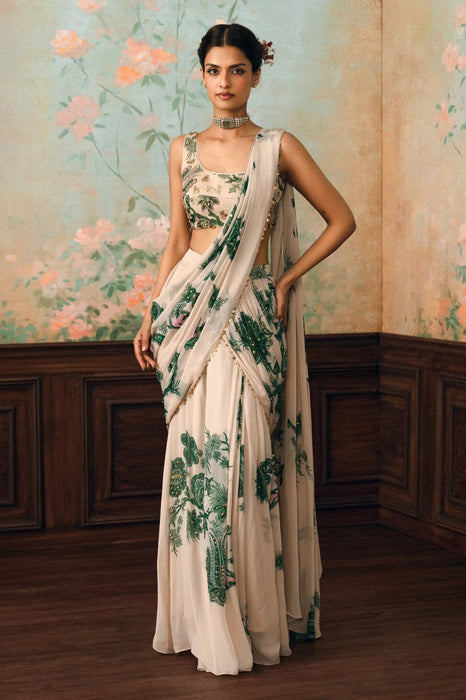 Star Georgette Sequence and Digital Print Work Attached Pallu Ready to wear Lehenga Saree
