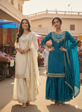 FESTIVE NEW DESIGNER HEAVY EMBROIDERY WORK ON FENDY FABRIC TOP SHARARA AND DUPATTA SET
