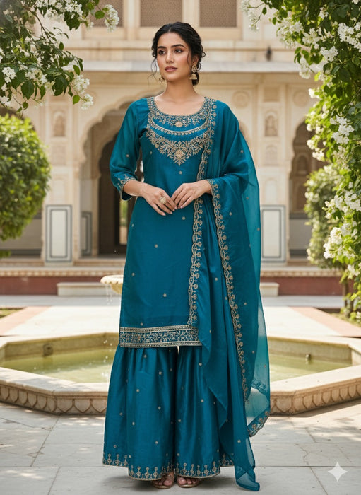 FESTIVE NEW DESIGNER HEAVY EMBROIDERY WORK ON FENDY FABRIC TOP SHARARA AND DUPATTA SET