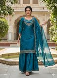 FESTIVE NEW DESIGNER HEAVY EMBROIDERY WORK ON FENDY FABRIC TOP SHARARA AND DUPATTA SET