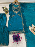 FESTIVE NEW DESIGNER HEAVY EMBROIDERY WORK ON FENDY FABRIC TOP SHARARA AND DUPATTA SET
