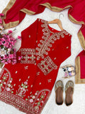 PREMIUM FC FOUX GEROGETTE EMBROIDERED KURTI SHARARA SET WITH DUPATTA