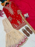 PREMIUM FC FOUX GEROGETTE EMBROIDERED KURTI SHARARA SET WITH DUPATTA