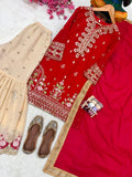 PREMIUM FC FOUX GEROGETTE EMBROIDERED KURTI SHARARA SET WITH DUPATTA