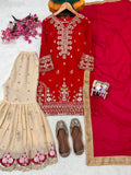 PREMIUM FC FOUX GEROGETTE EMBROIDERED KURTI SHARARA SET WITH DUPATTA
