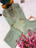Beautiful crunchy silk with 5mm Siquence and zari Work & With Golden hanging Salwar Kameez